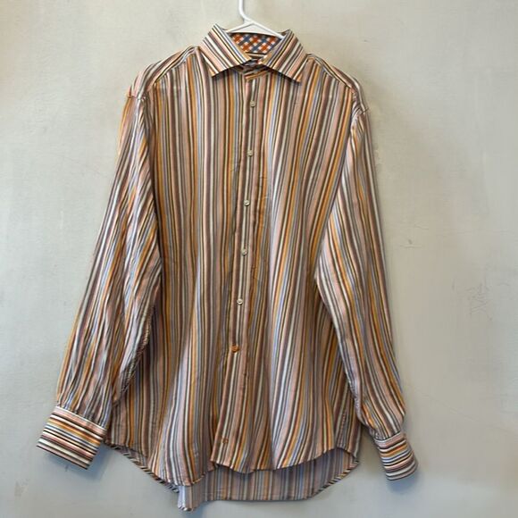 Thomas Dean cotton multicolored vertical stripe long sleeve shirt Size L EUC - Picture 2 of 10